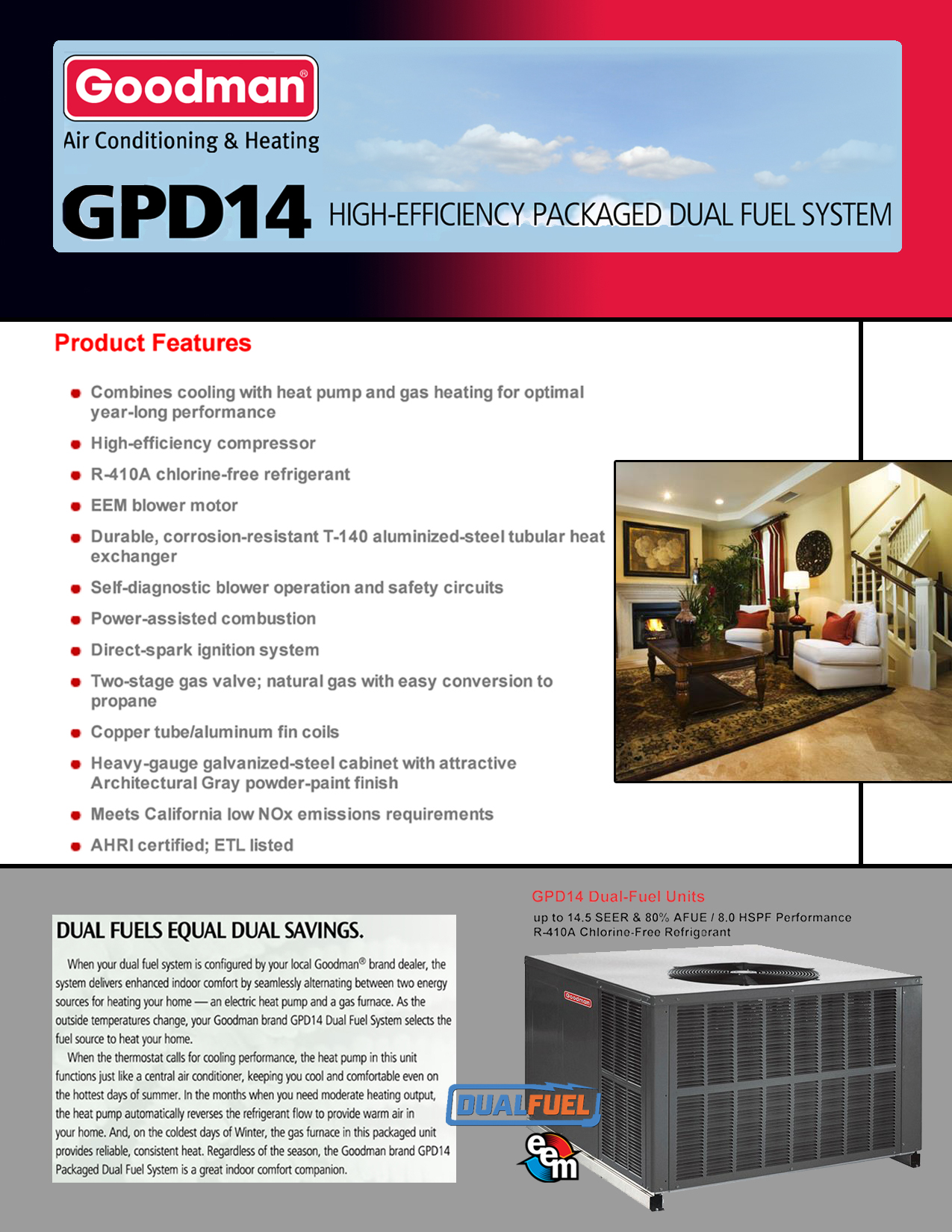 2.5 Ton Goodman 14 SEER 80K BTU Heat Pump Gas Package Unit GPD1430080M41